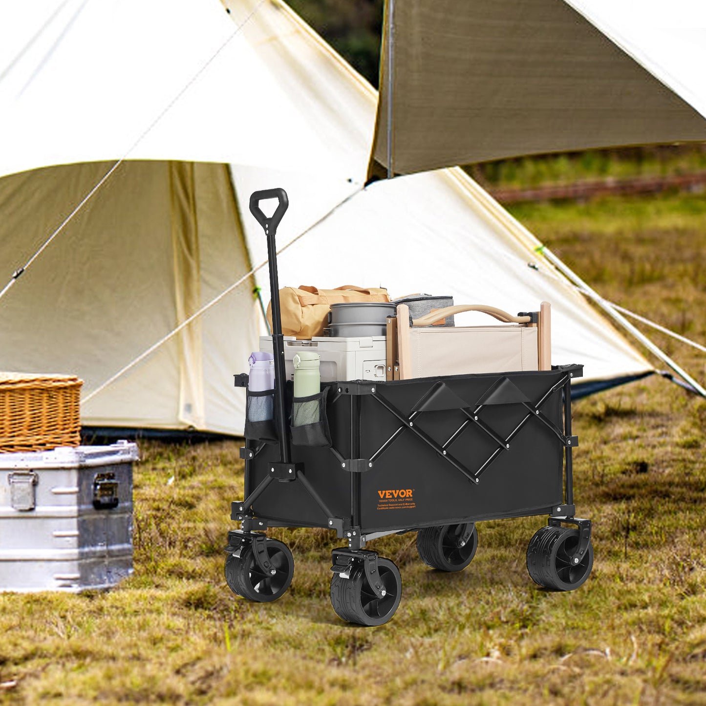 VEVOR Collapsible Folding Wagon Cart with All-Terrain Wheels – Heavy Duty 220L Beach & Garden Wagon with Drink Holders – Max 330 lbs – Noor Mart