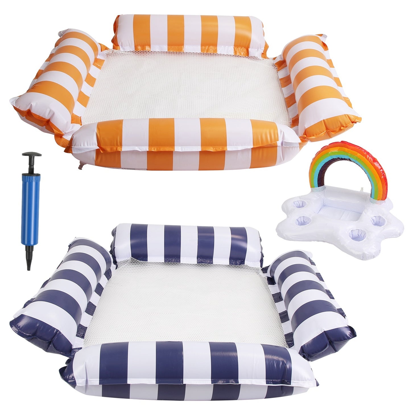Set of 3 Inflatable Pool Floats – 1 Drink & Snack Float + 2 Water Hammocks with High Buoyancy Pillows & Cooling Mesh – Noor Mart