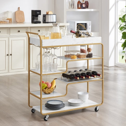 6-Tier Retro Style Bar Cart with Wine Rack & Glass Holder – Rolling Beverage Serving Trolley for Kitchen, Dining & Living Room – Noor Mart