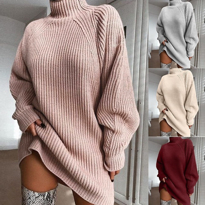 Women’s Solid Turtleneck Long Sweater Dress – Winter Warm Casual Knitted Dress – Noor Mart