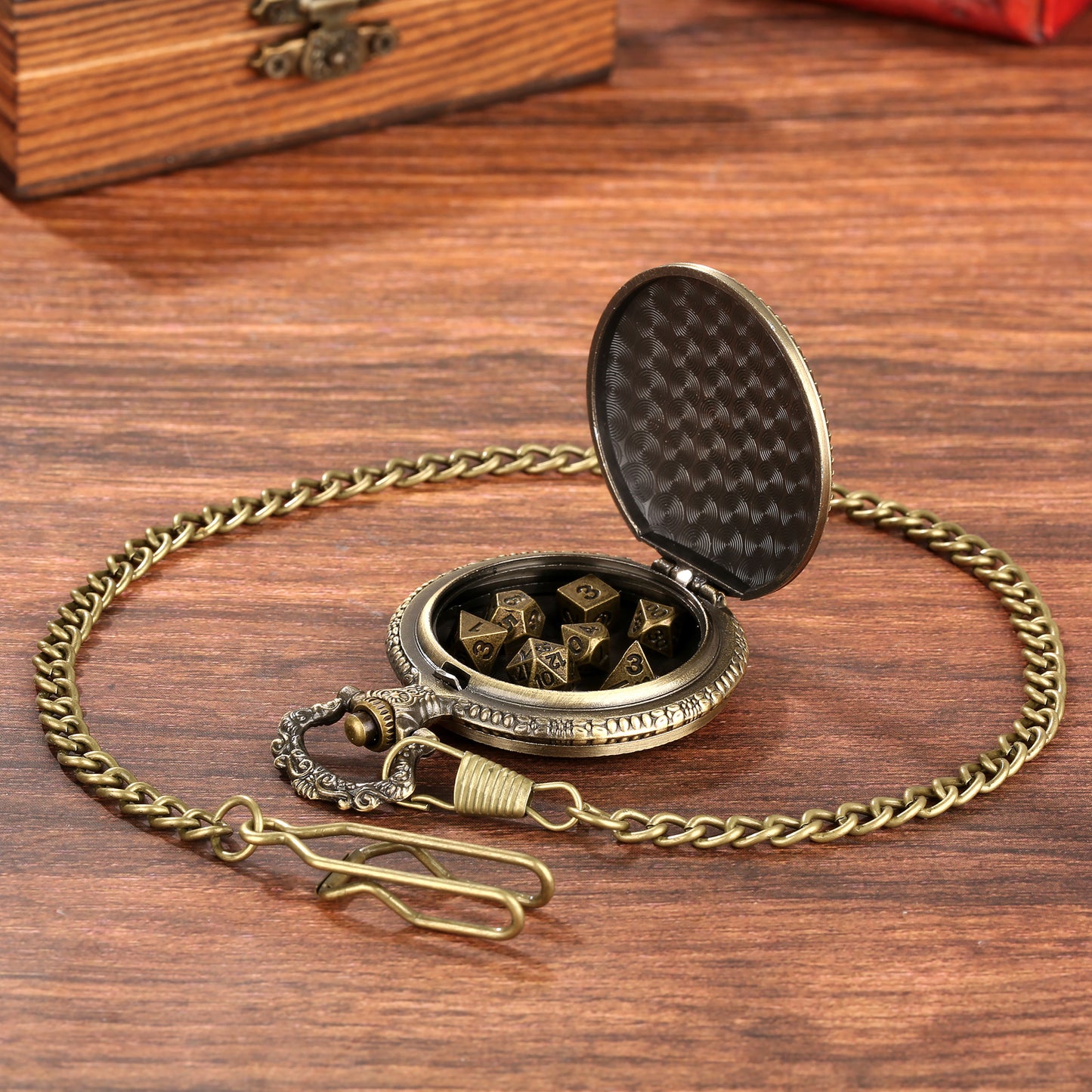 Creative Thick Chain Pocket Watch Set with 7 Mini DND Metal Dice | Unique RPG Gaming Gift – Noor Mart