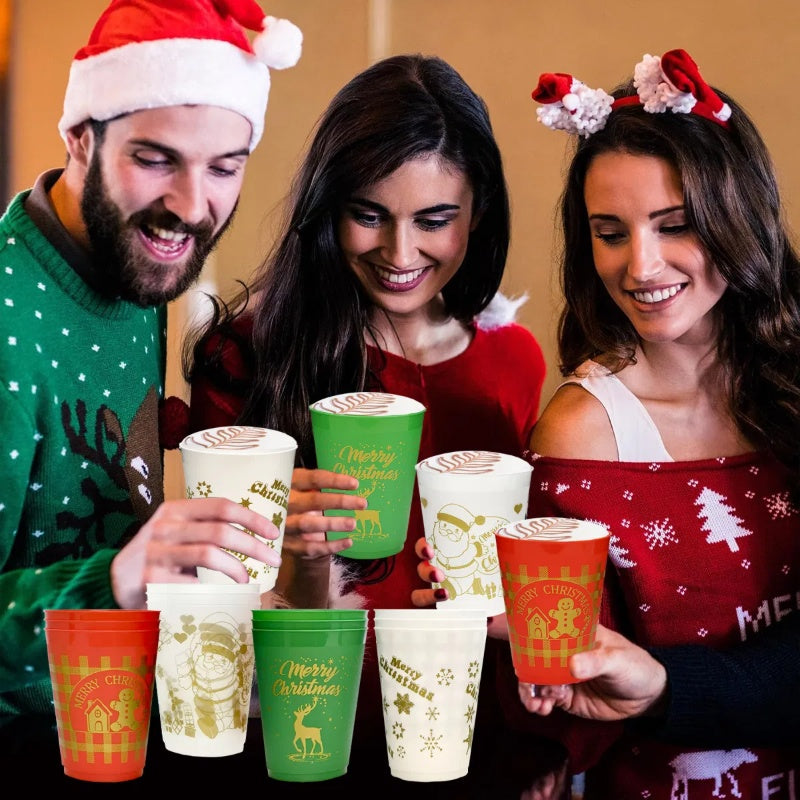 12 Pcs Christmas Plastic Tumblers 16Oz – Reusable Holiday Drink Cups with Santa, Gingerbread & Reindeer Designs – Party Supplies – Noor Mart