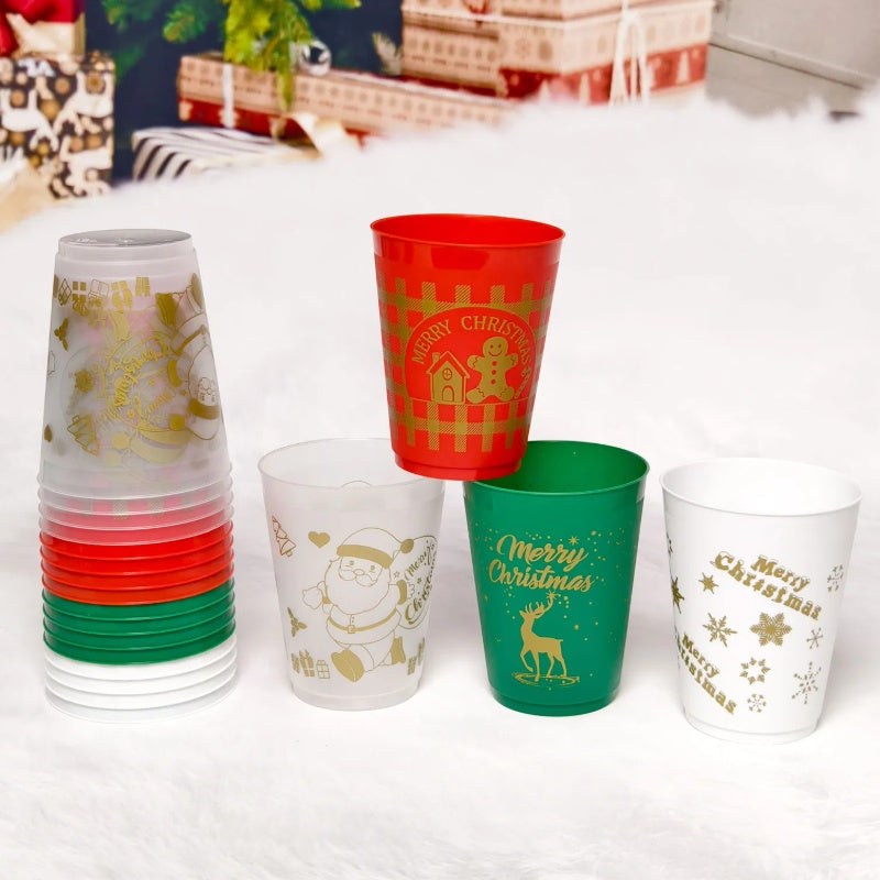 12 Pcs Christmas Plastic Tumblers 16Oz – Reusable Holiday Drink Cups with Santa, Gingerbread & Reindeer Designs – Party Supplies – Noor Mart