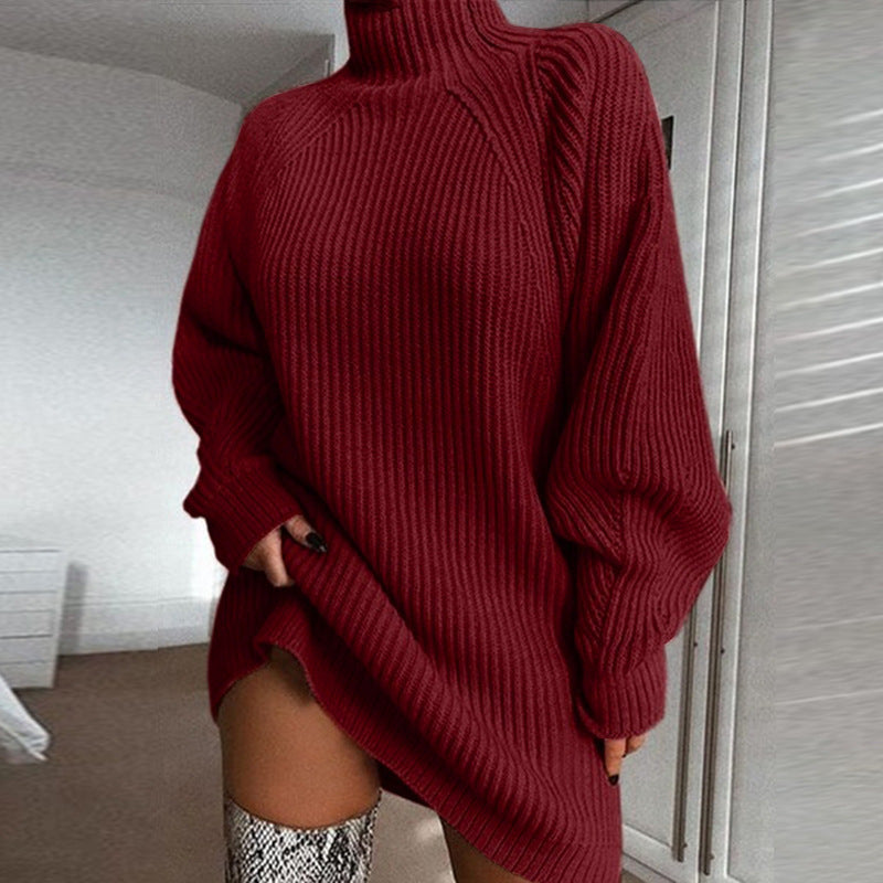 Women’s Solid Turtleneck Long Sweater Dress – Winter Warm Casual Knitted Dress – Noor Mart