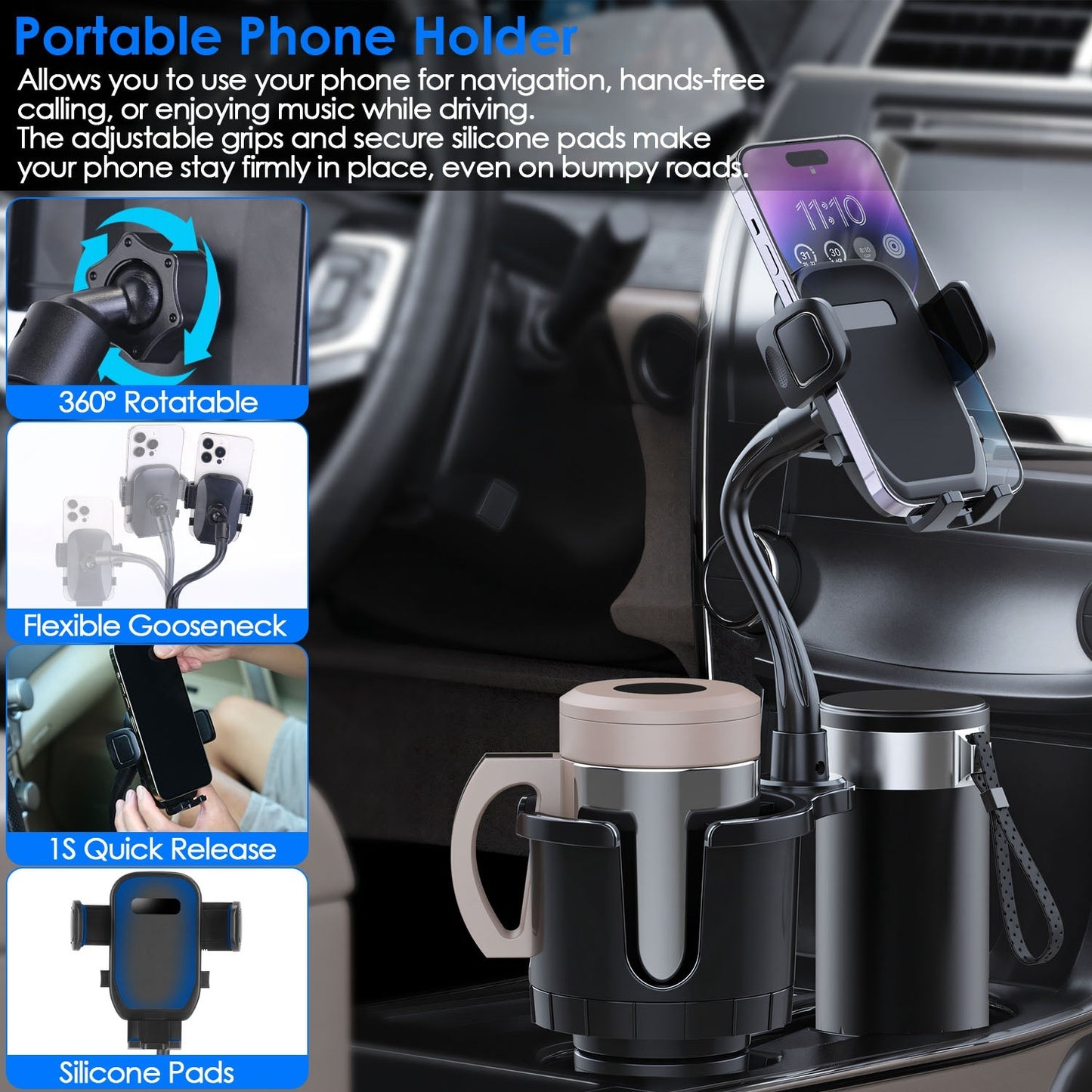 2-in-1 Car Cup Phone Holder with 360° Rotating Gooseneck – Adjustable Base Drink & Phone Mount for Vehicles – Noor Mart
