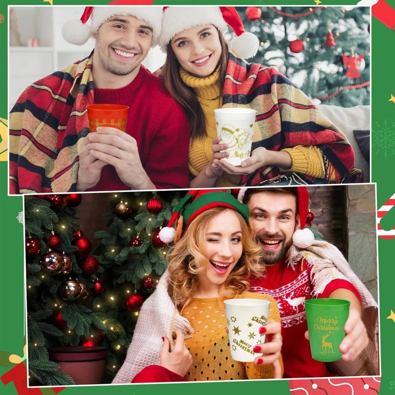 12 Pcs Christmas Plastic Tumblers 16Oz – Reusable Holiday Drink Cups with Santa, Gingerbread & Reindeer Designs – Party Supplies – Noor Mart