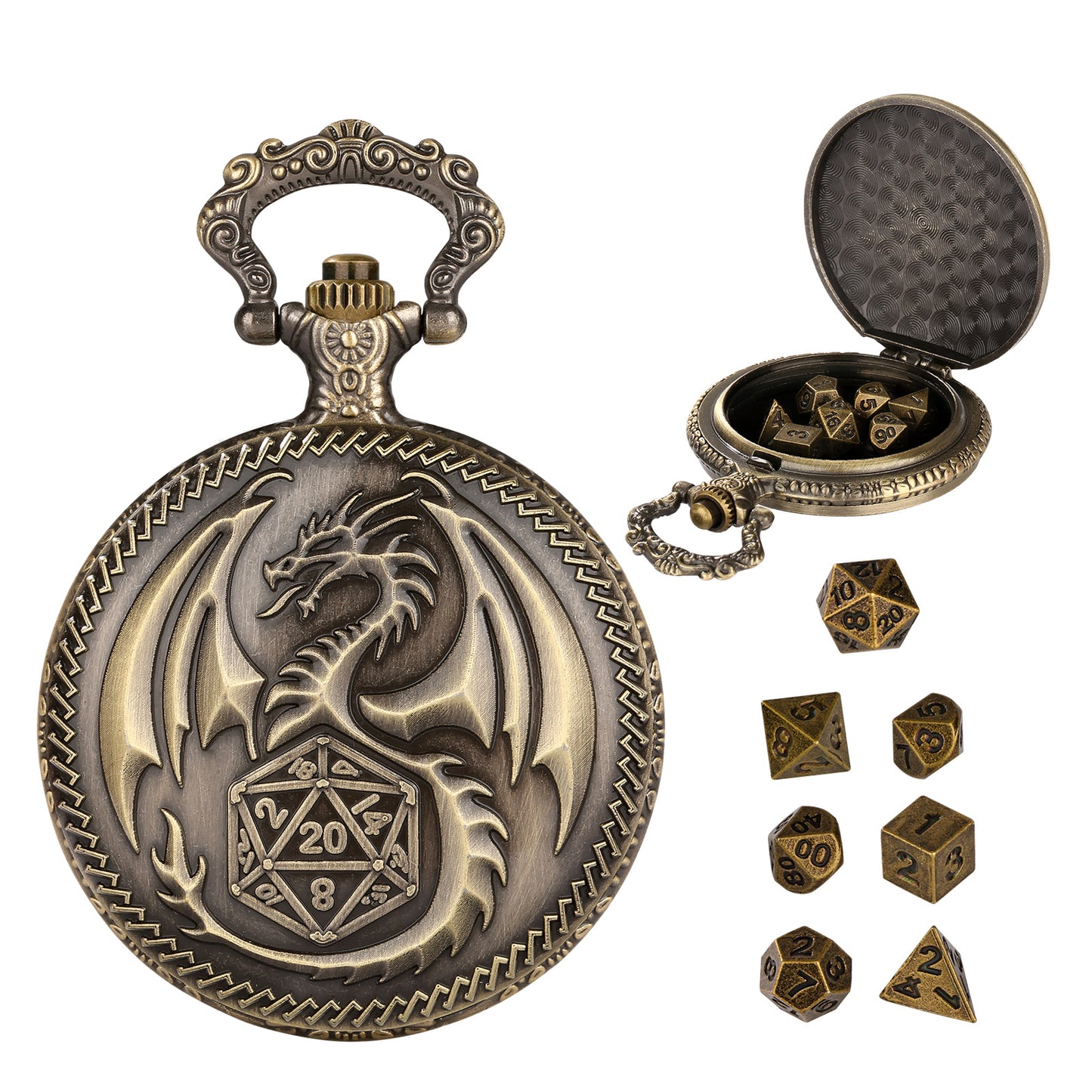 Creative Thick Chain Pocket Watch Set with 7 Mini DND Metal Dice | Unique RPG Gaming Gift – Noor Mart