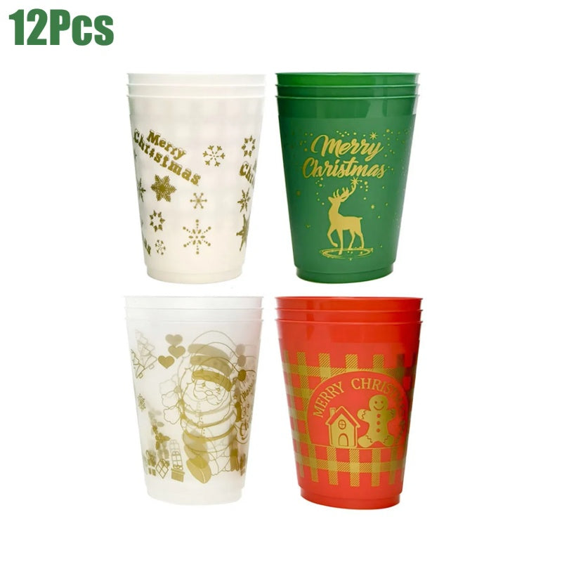 12 Pcs Christmas Plastic Tumblers 16Oz – Reusable Holiday Drink Cups with Santa, Gingerbread & Reindeer Designs – Party Supplies – Noor Mart