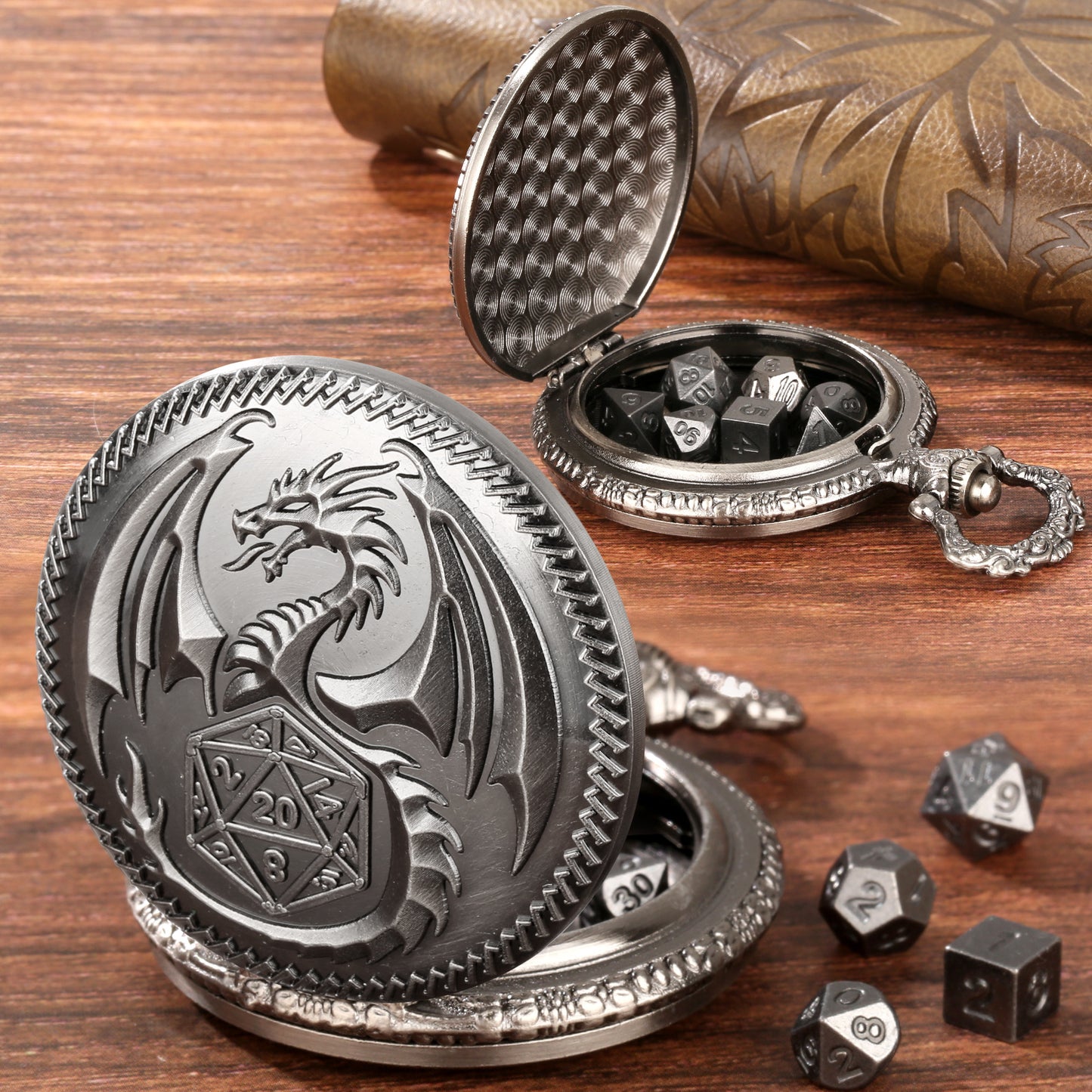 Creative Thick Chain Pocket Watch Set with 7 Mini DND Metal Dice | Unique RPG Gaming Gift – Noor Mart