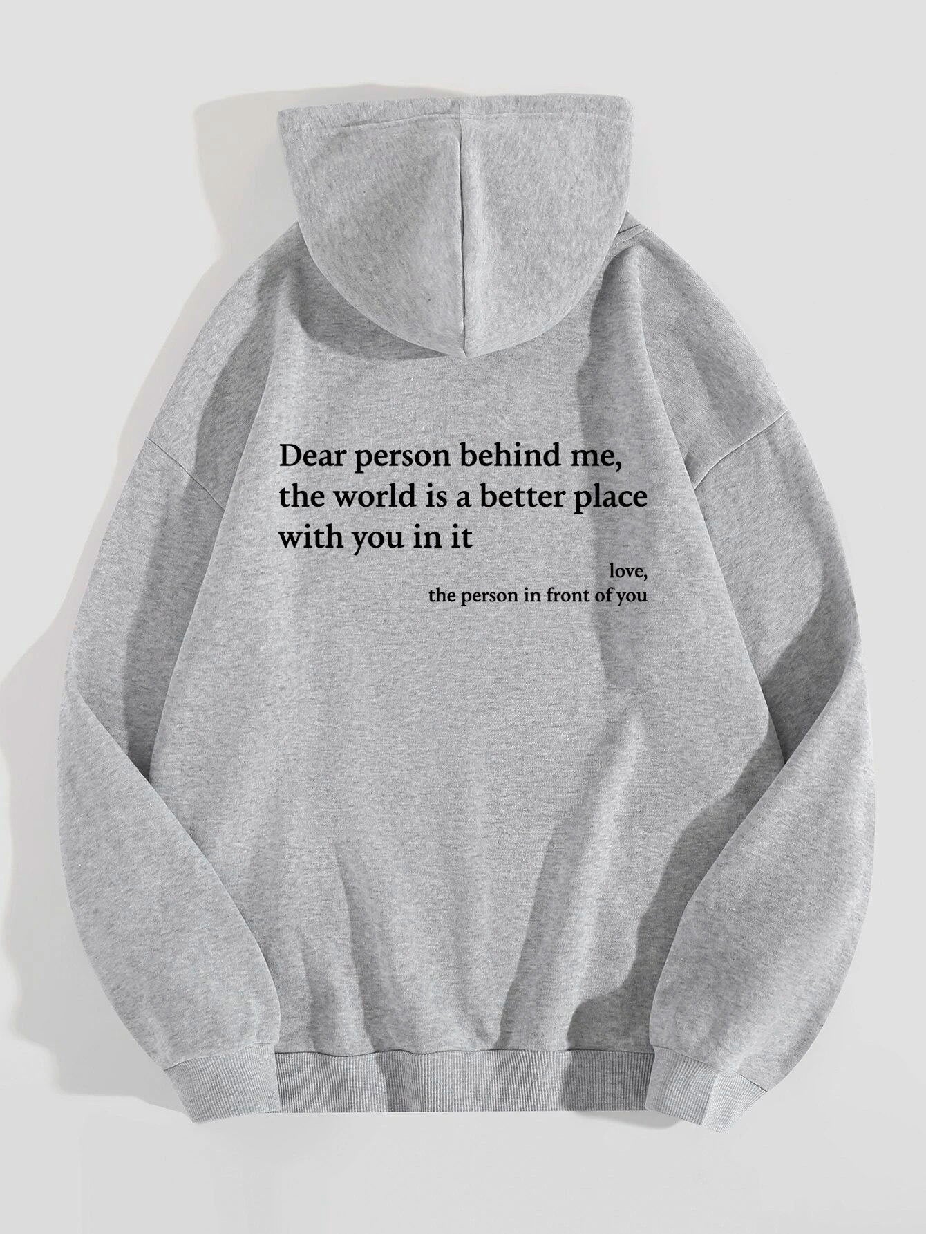 Women’s Plush Letter Printed Hoodie – “Dear Person Behind Me” Kangaroo Pocket Drawstring Sweatshirt – Unisex Trendy Hoodie – Noor Mart