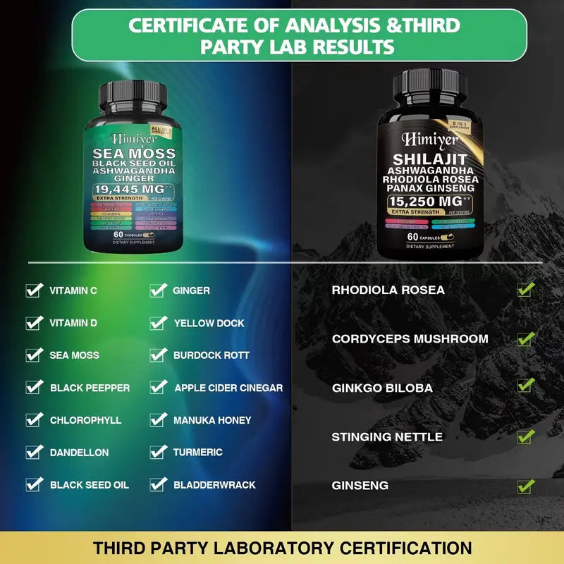 Sea Moss & Shilajit Supplement Bundle – Black Seed Oil, Ashwagandha, Ginger, Rhodiola & Panax Ginseng | Extra Strength Capsules – Noor Mart