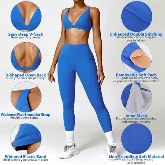 Women’s Deep V Neck Sports Bra | Padded Strappy Crop Top with U-Back – Noor Mart