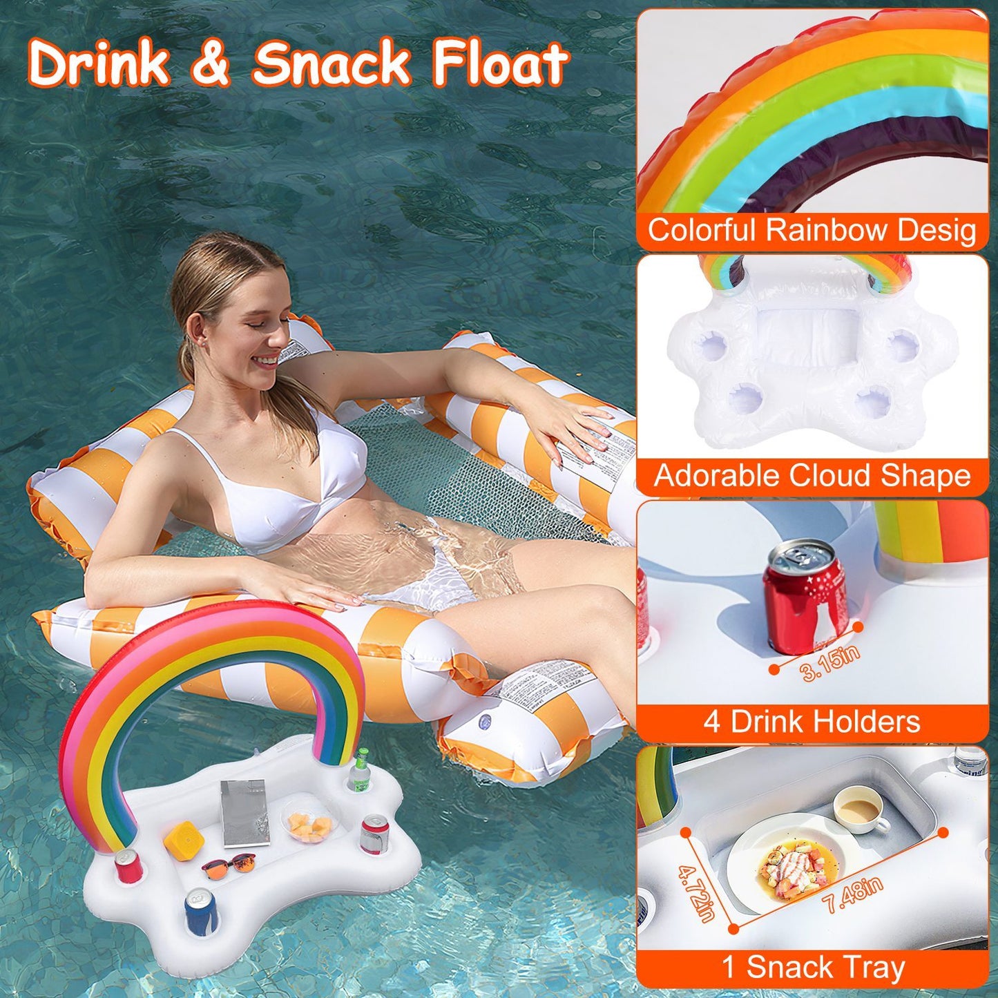 Set of 3 Inflatable Pool Floats – 1 Drink & Snack Float + 2 Water Hammocks with High Buoyancy Pillows & Cooling Mesh – Noor Mart