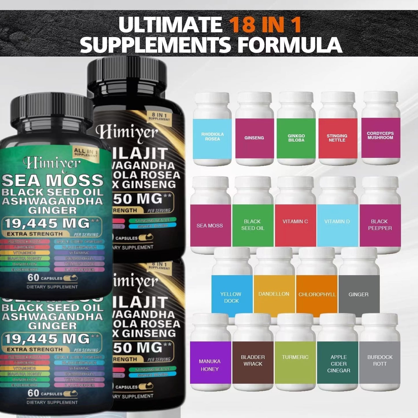 Sea Moss & Shilajit Supplement Bundle – Black Seed Oil, Ashwagandha, Ginger, Rhodiola & Panax Ginseng | Extra Strength Capsules – Noor Mart
