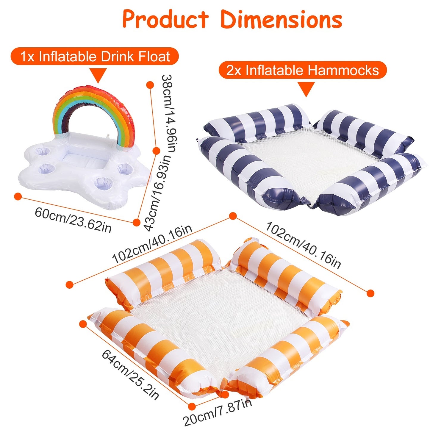 Set of 3 Inflatable Pool Floats – 1 Drink & Snack Float + 2 Water Hammocks with High Buoyancy Pillows & Cooling Mesh – Noor Mart