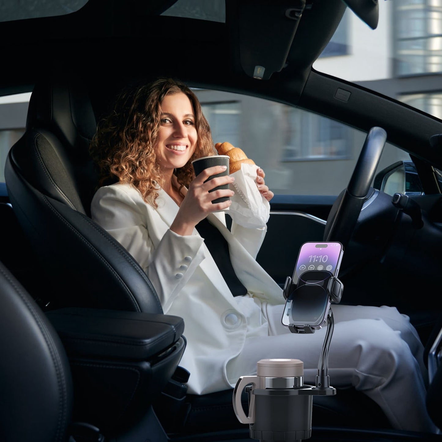 2-in-1 Car Cup Phone Holder with 360° Rotating Gooseneck – Adjustable Base Drink & Phone Mount for Vehicles – Noor Mart