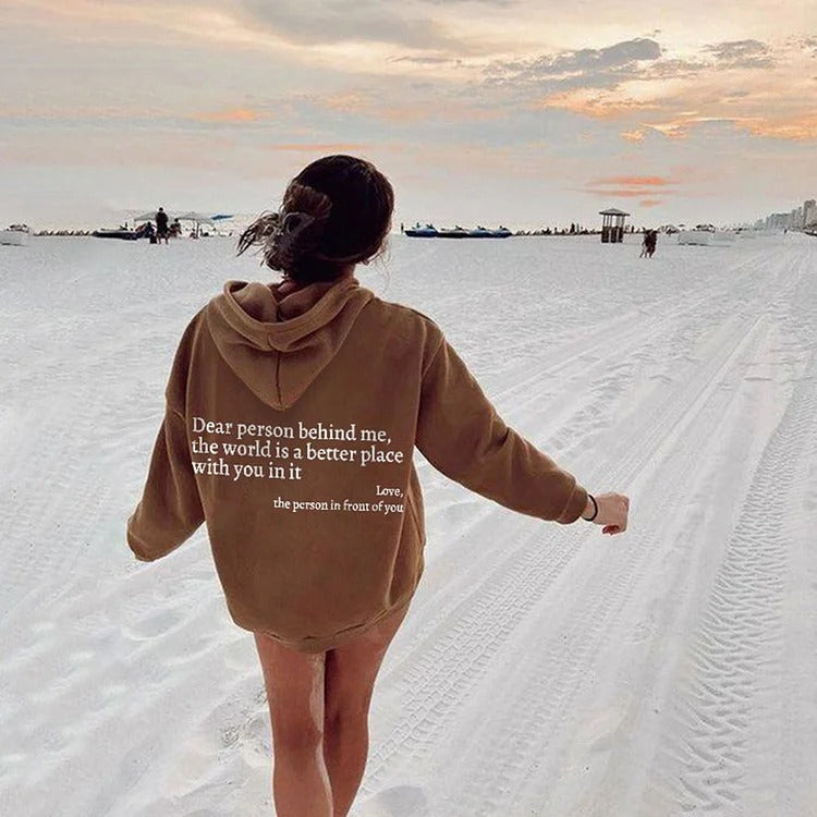 Women’s Plush Letter Printed Hoodie – “Dear Person Behind Me” Kangaroo Pocket Drawstring Sweatshirt – Unisex Trendy Hoodie – Noor Mart