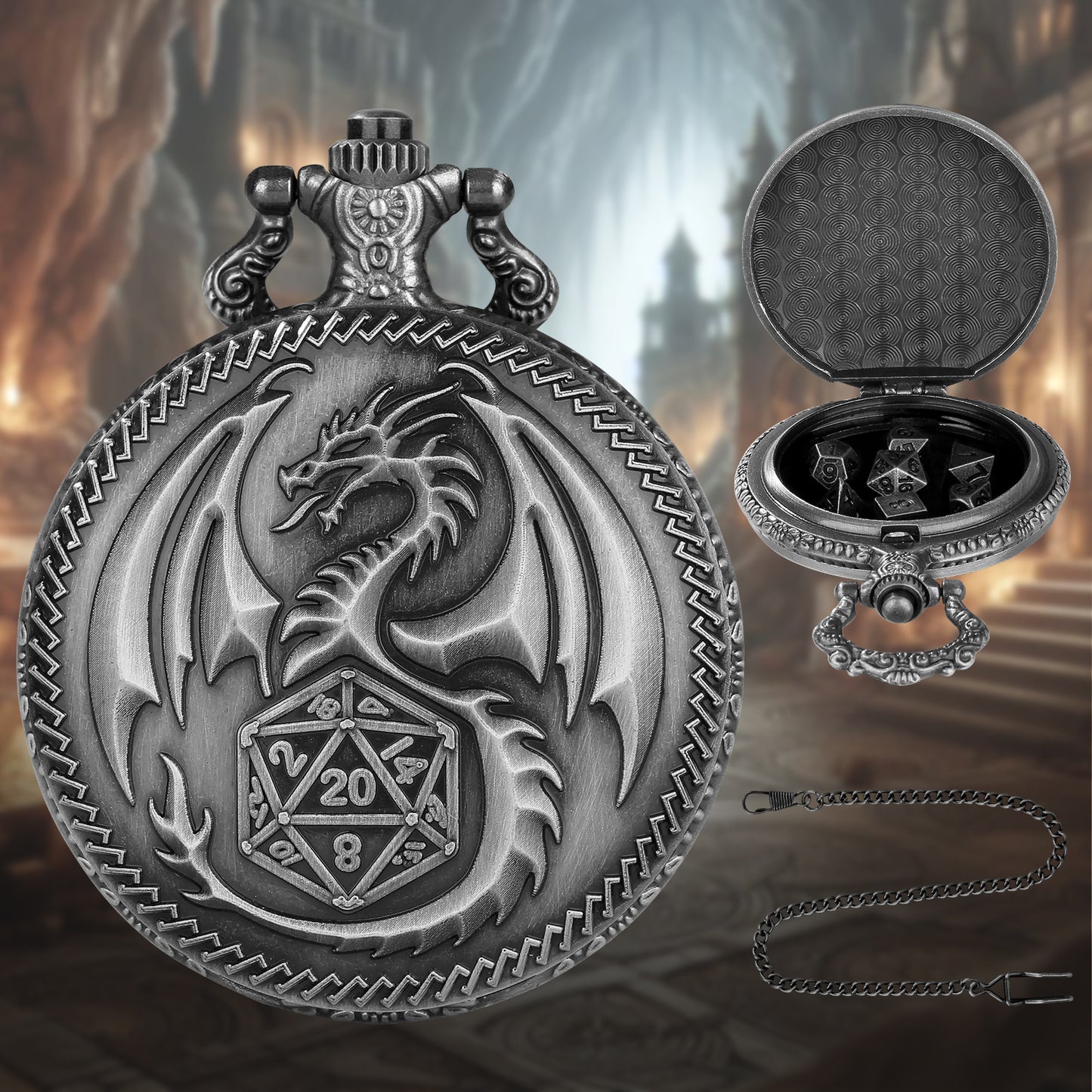 Creative Thick Chain Pocket Watch Set with 7 Mini DND Metal Dice | Unique RPG Gaming Gift – Noor Mart