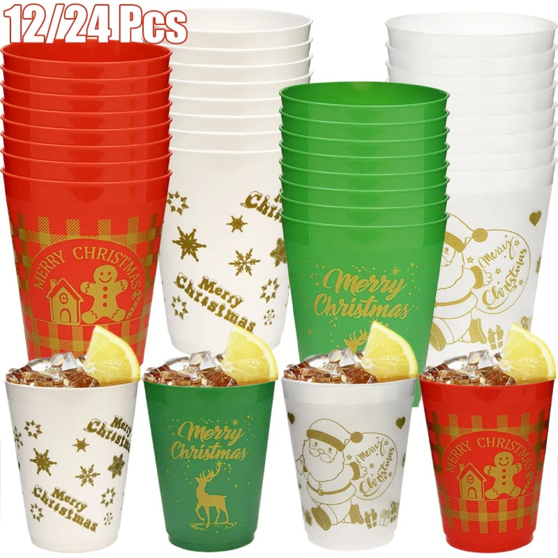 12 Pcs Christmas Plastic Tumblers 16Oz – Reusable Holiday Drink Cups with Santa, Gingerbread & Reindeer Designs – Party Supplies – Noor Mart