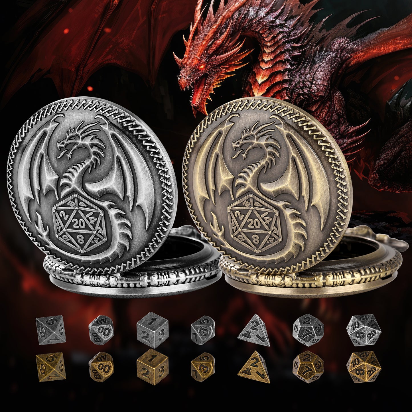 Creative Thick Chain Pocket Watch Set with 7 Mini DND Metal Dice | Unique RPG Gaming Gift – Noor Mart