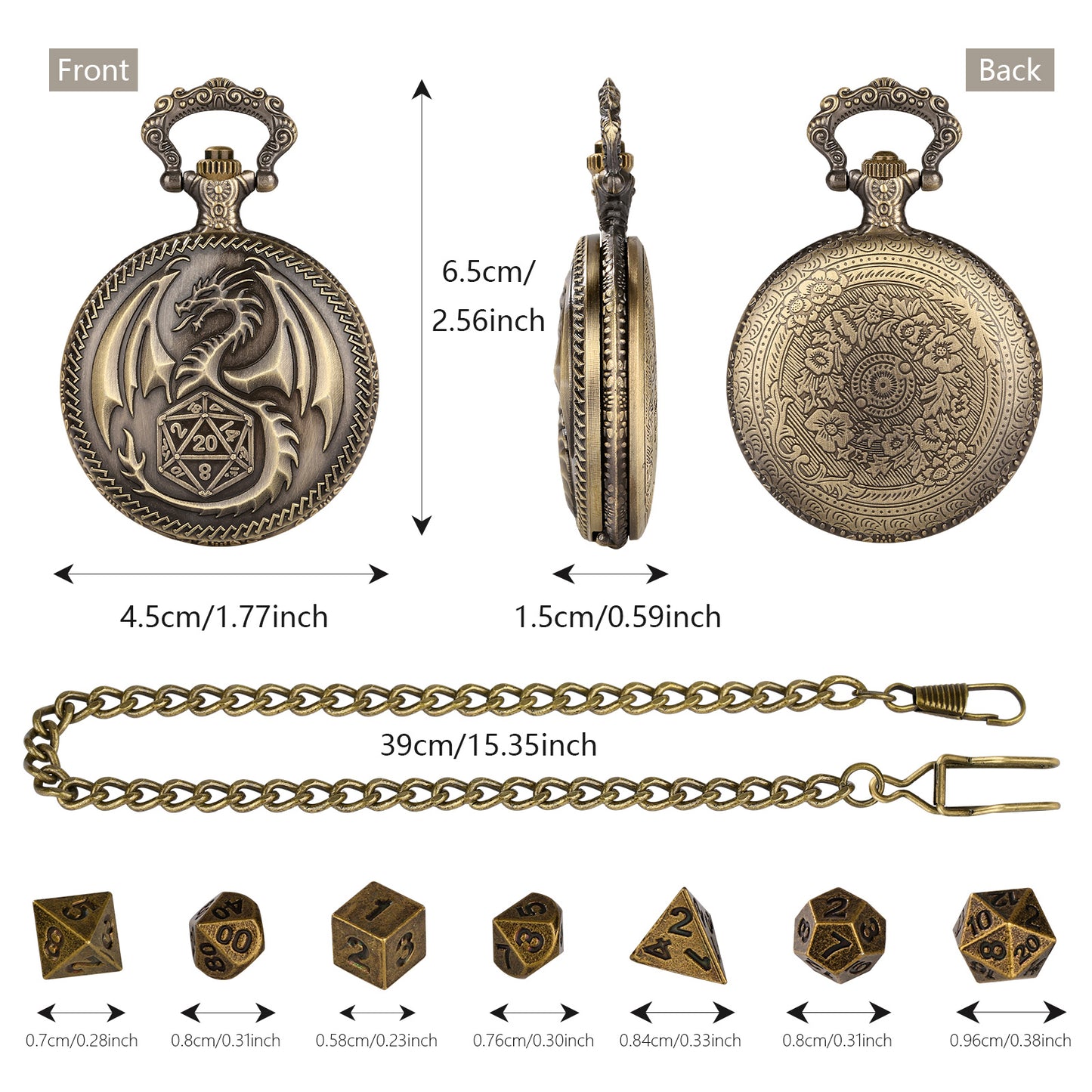 Creative Thick Chain Pocket Watch Set with 7 Mini DND Metal Dice | Unique RPG Gaming Gift – Noor Mart