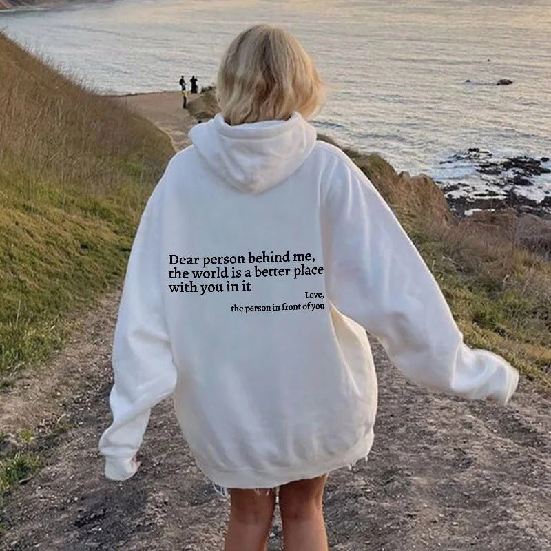 Women’s Plush Letter Printed Hoodie – “Dear Person Behind Me” Kangaroo Pocket Drawstring Sweatshirt – Unisex Trendy Hoodie – Noor Mart