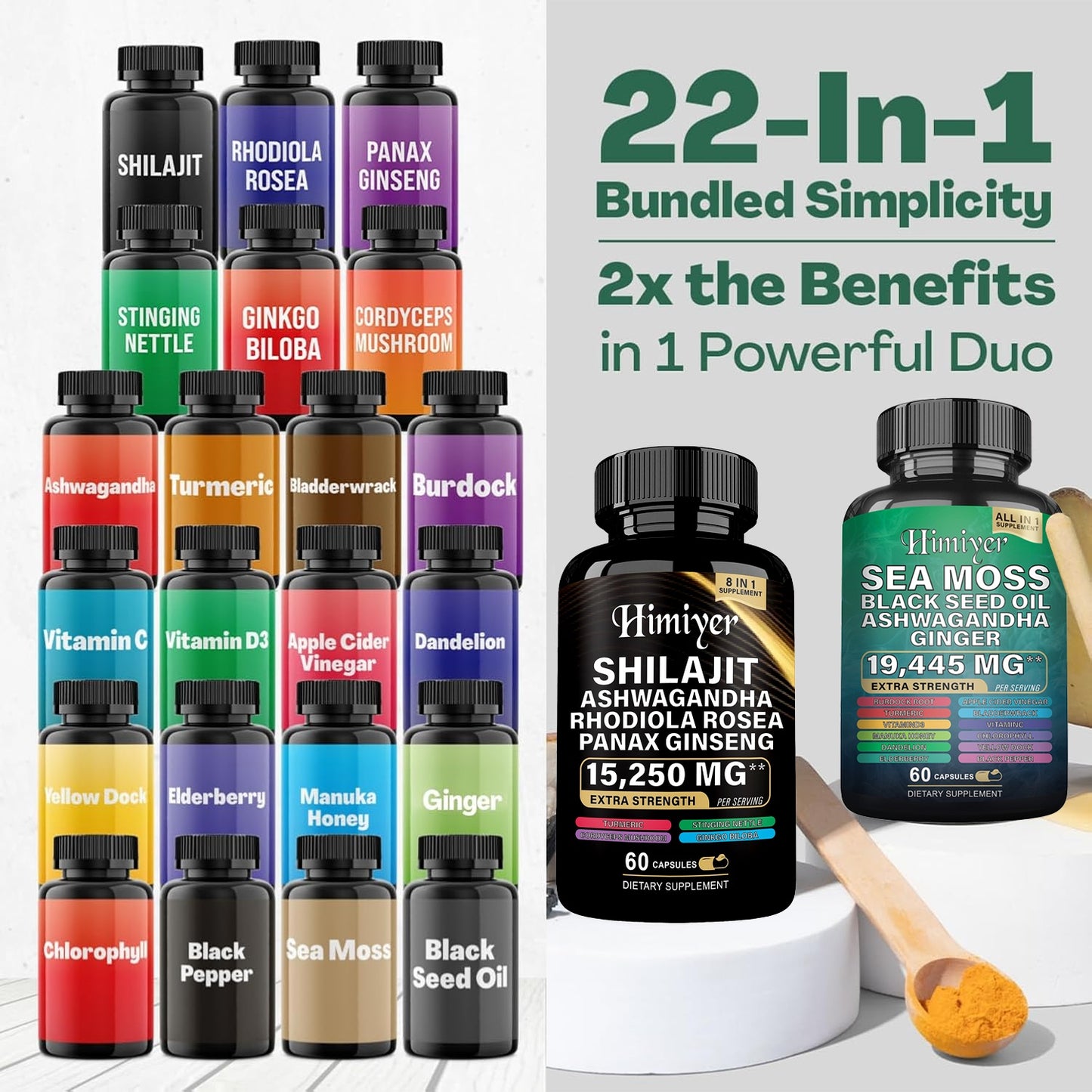 Sea Moss & Shilajit Supplement Bundle – Black Seed Oil, Ashwagandha, Ginger, Rhodiola & Panax Ginseng | Extra Strength Capsules – Noor Mart