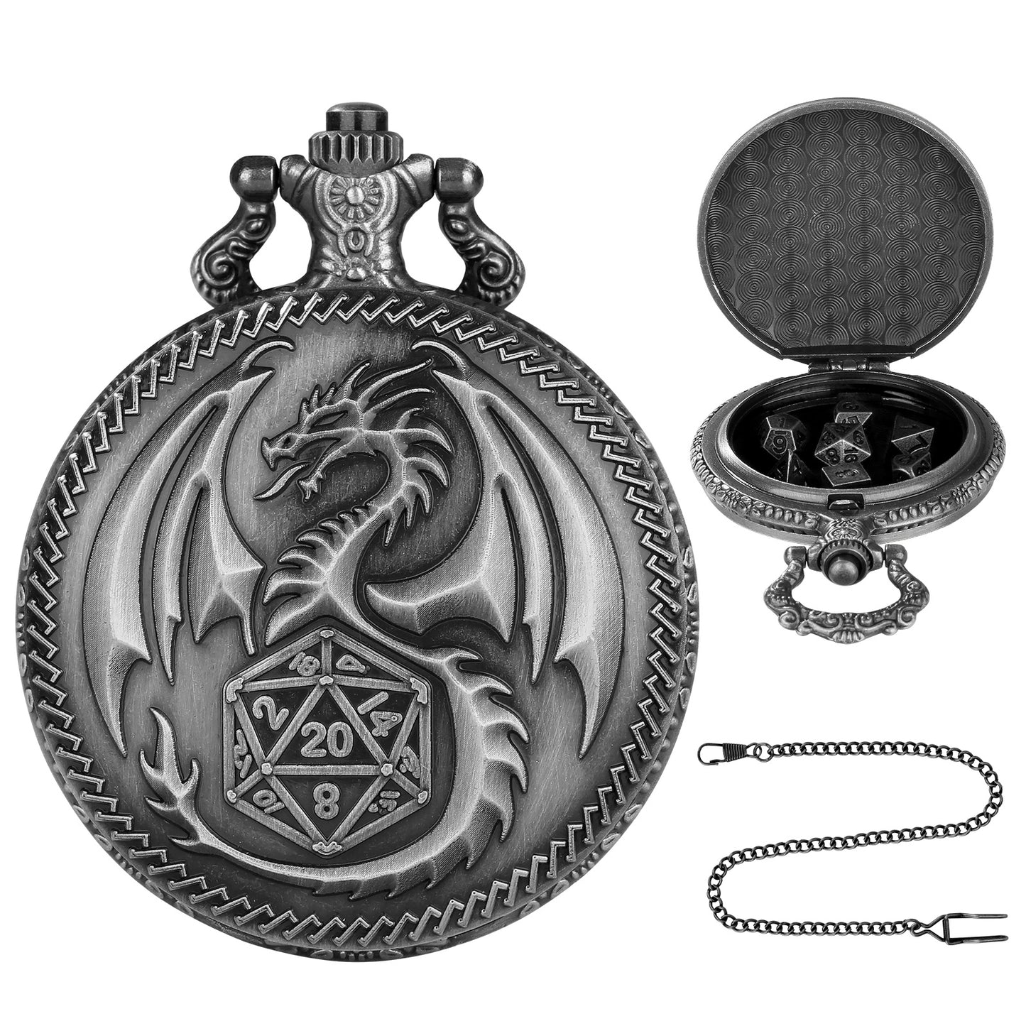 Creative Thick Chain Pocket Watch Set with 7 Mini DND Metal Dice | Unique RPG Gaming Gift – Noor Mart