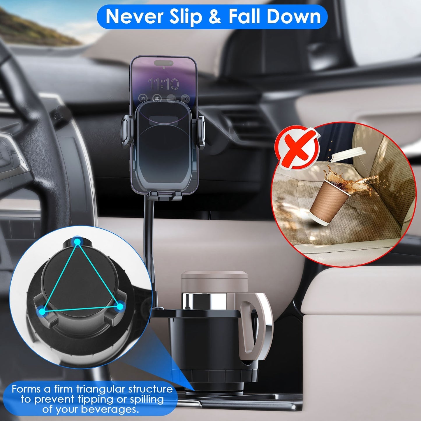 2-in-1 Car Cup Phone Holder with 360° Rotating Gooseneck – Adjustable Base Drink & Phone Mount for Vehicles – Noor Mart