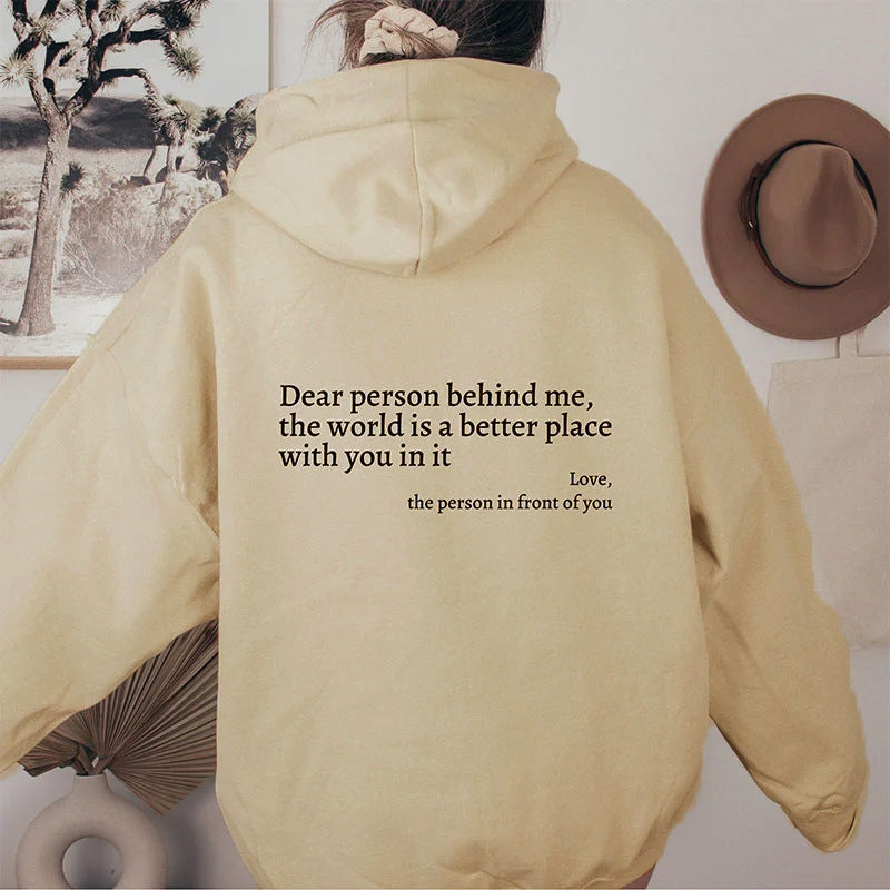 Women’s Plush Letter Printed Hoodie – “Dear Person Behind Me” Kangaroo Pocket Drawstring Sweatshirt – Unisex Trendy Hoodie – Noor Mart