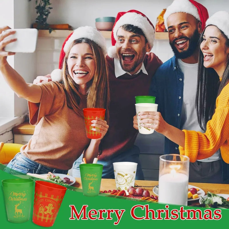 12 Pcs Christmas Plastic Tumblers 16Oz – Reusable Holiday Drink Cups with Santa, Gingerbread & Reindeer Designs – Party Supplies – Noor Mart