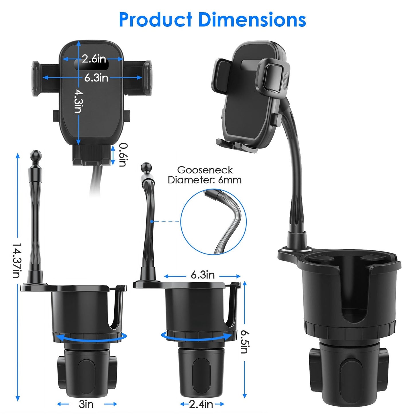 2-in-1 Car Cup Phone Holder with 360° Rotating Gooseneck – Adjustable Base Drink & Phone Mount for Vehicles – Noor Mart