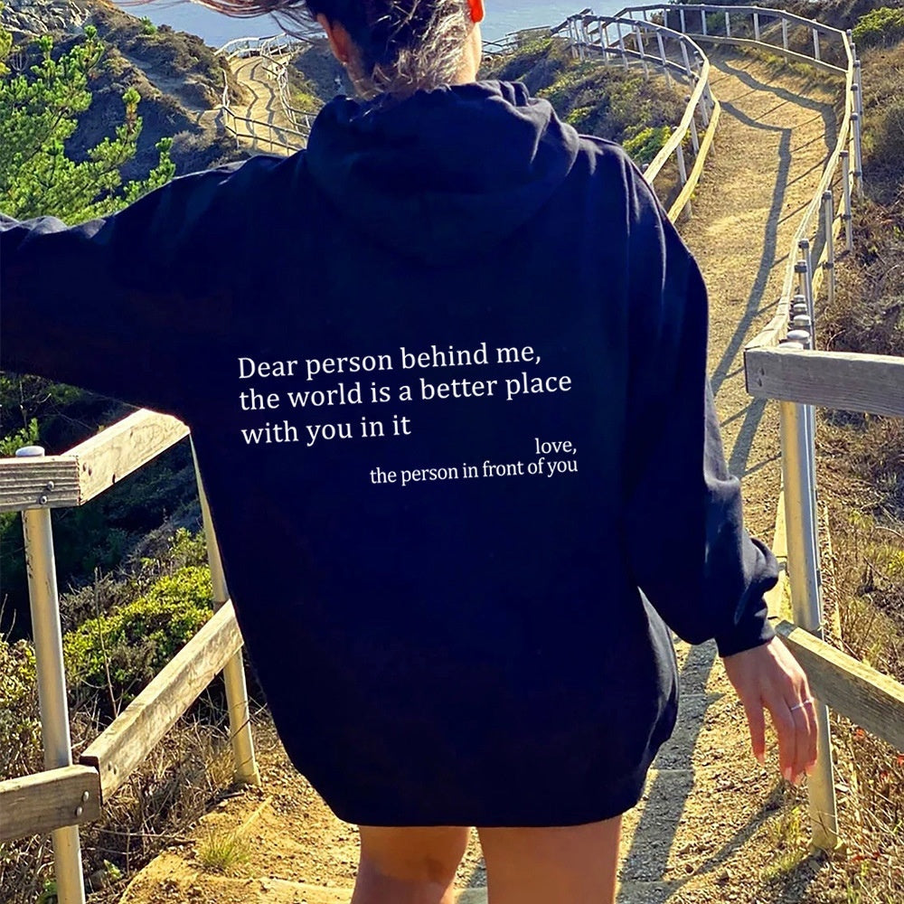 Women’s Plush Letter Printed Hoodie – “Dear Person Behind Me” Kangaroo Pocket Drawstring Sweatshirt – Unisex Trendy Hoodie – Noor Mart