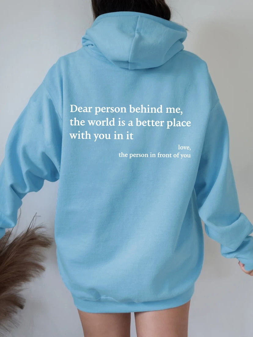 Women’s Plush Letter Printed Hoodie – “Dear Person Behind Me” Kangaroo Pocket Drawstring Sweatshirt – Unisex Trendy Hoodie – Noor Mart