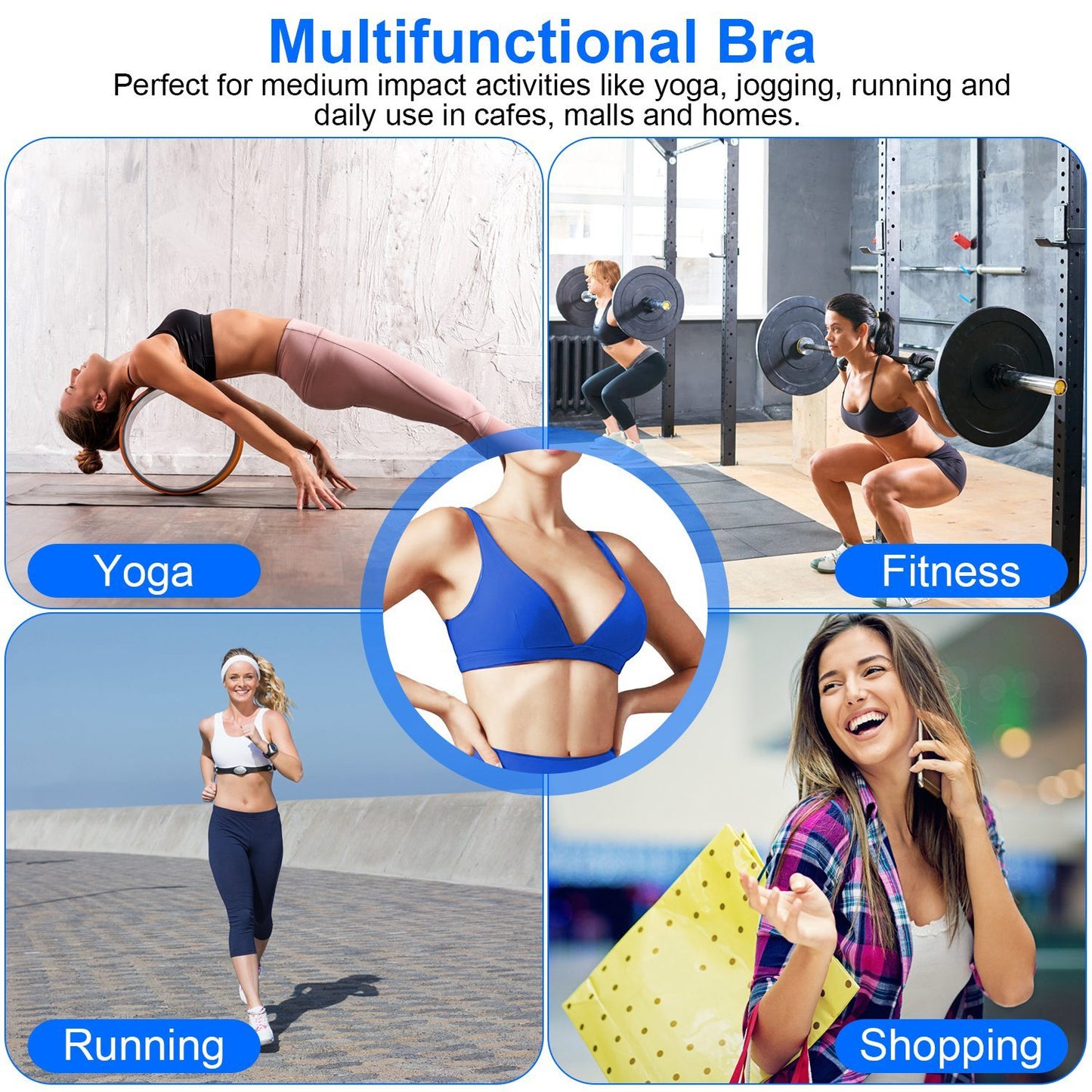 Women’s Deep V Neck Sports Bra | Padded Strappy Crop Top with U-Back – Noor Mart