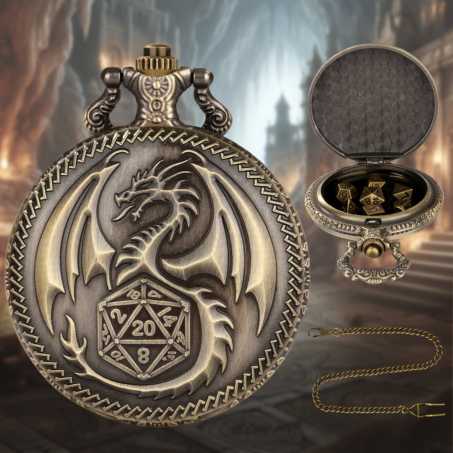Creative Thick Chain Pocket Watch Set with 7 Mini DND Metal Dice | Unique RPG Gaming Gift – Noor Mart