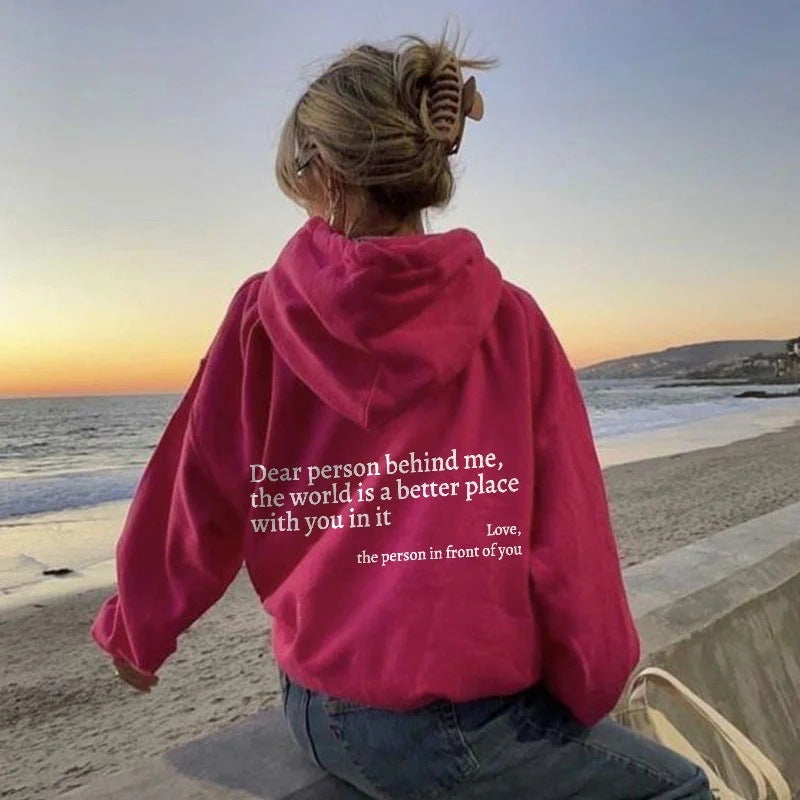 Women’s Plush Letter Printed Hoodie – “Dear Person Behind Me” Kangaroo Pocket Drawstring Sweatshirt – Unisex Trendy Hoodie – Noor Mart