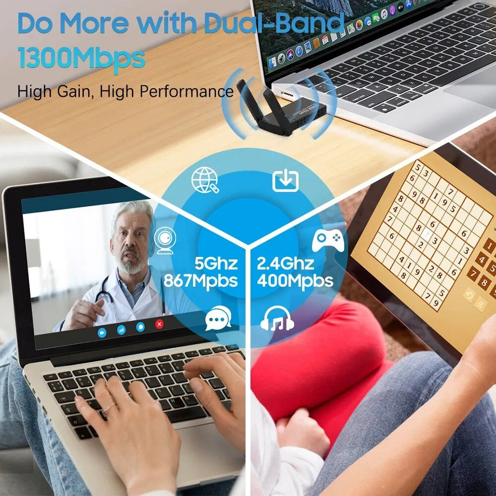 USB 3.0 WiFi Adapter 1300Mbps – Dual Band 5GHz/2.4GHz Long Range Wireless Network Dongle – Noor Mart