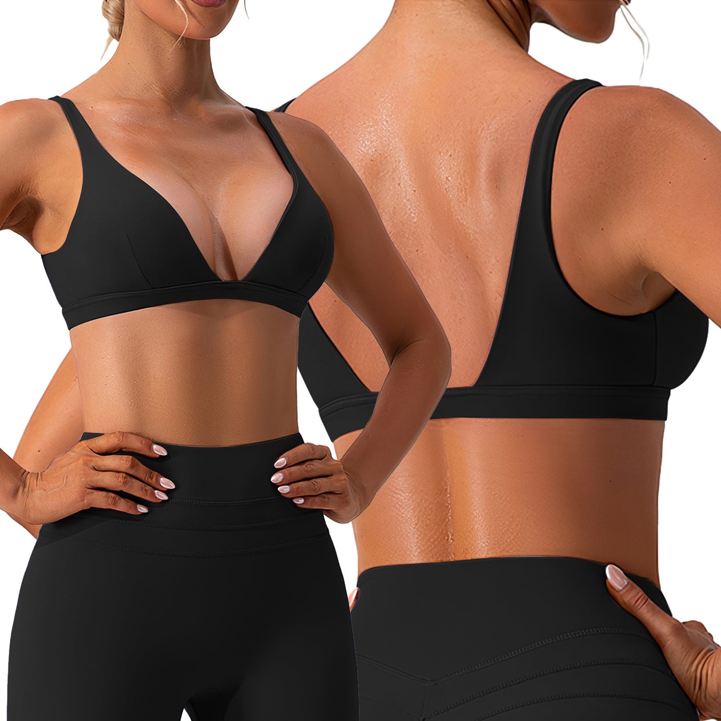 Women’s Deep V Neck Sports Bra | Padded Strappy Crop Top with U-Back – Noor Mart