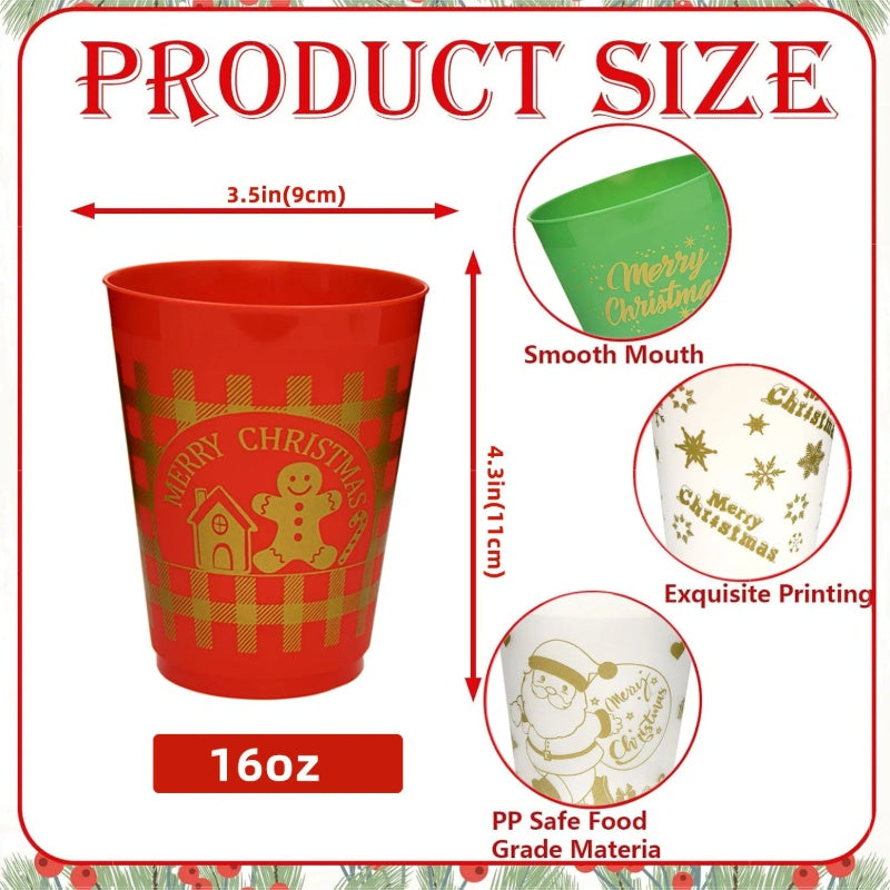 12 Pcs Christmas Plastic Tumblers 16Oz – Reusable Holiday Drink Cups with Santa, Gingerbread & Reindeer Designs – Party Supplies – Noor Mart