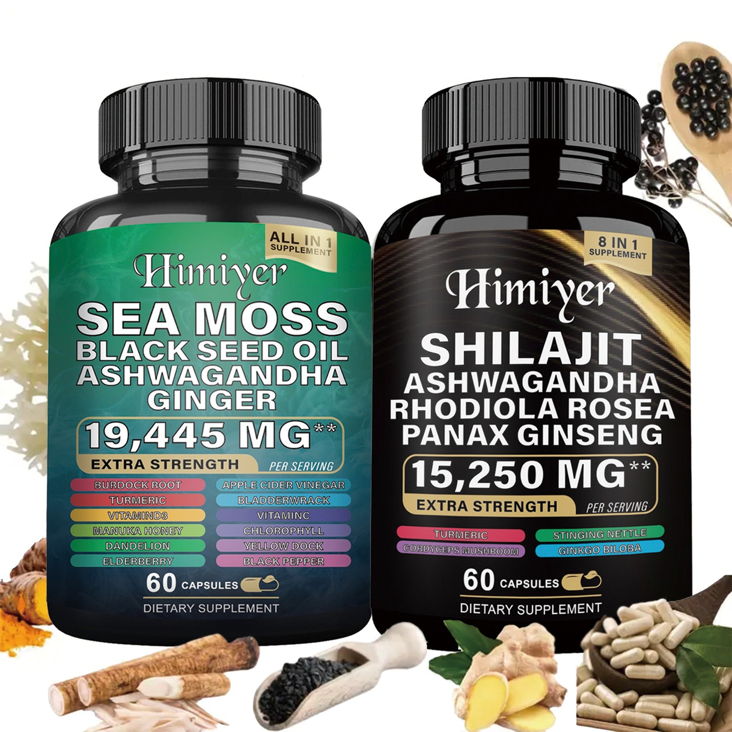 Sea Moss & Shilajit Supplement Bundle – Black Seed Oil, Ashwagandha, Ginger, Rhodiola & Panax Ginseng | Extra Strength Capsules – Noor Mart