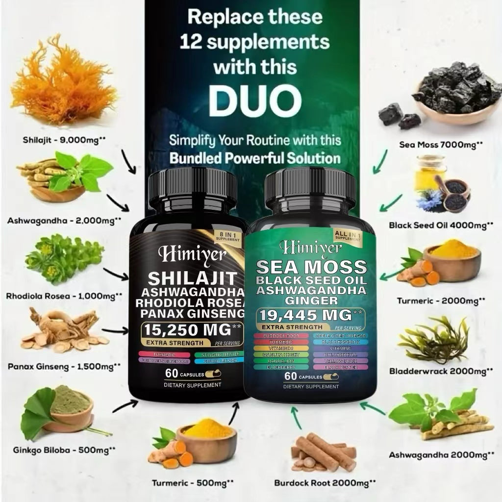 Sea Moss & Shilajit Supplement Bundle – Black Seed Oil, Ashwagandha, Ginger, Rhodiola & Panax Ginseng | Extra Strength Capsules – Noor Mart