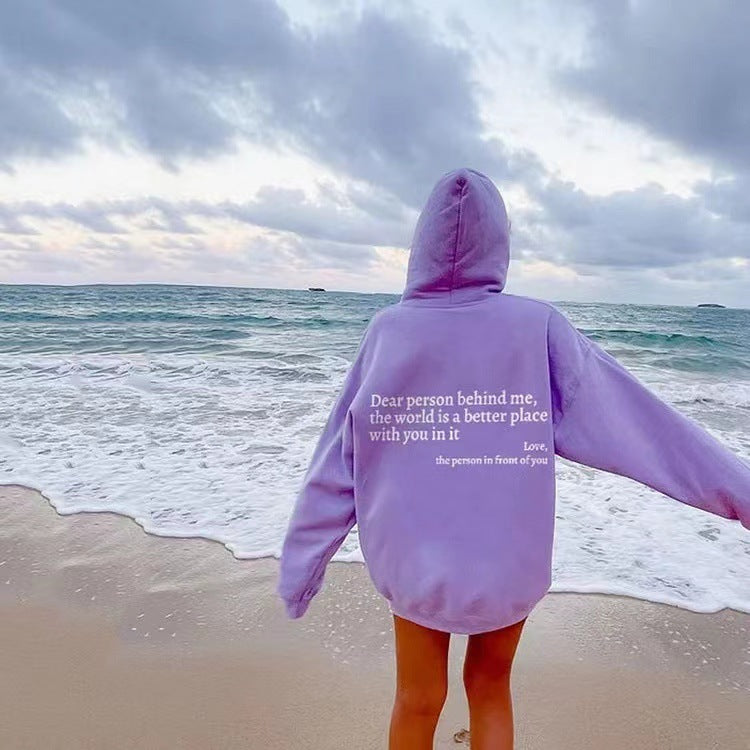 Women’s Plush Letter Printed Hoodie – “Dear Person Behind Me” Kangaroo Pocket Drawstring Sweatshirt – Unisex Trendy Hoodie – Noor Mart