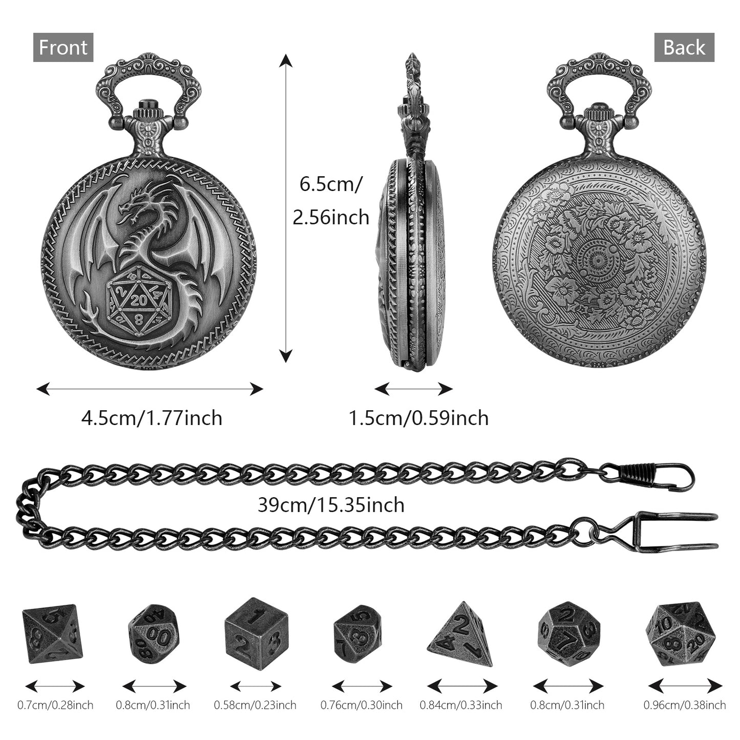 Creative Thick Chain Pocket Watch Set with 7 Mini DND Metal Dice | Unique RPG Gaming Gift – Noor Mart