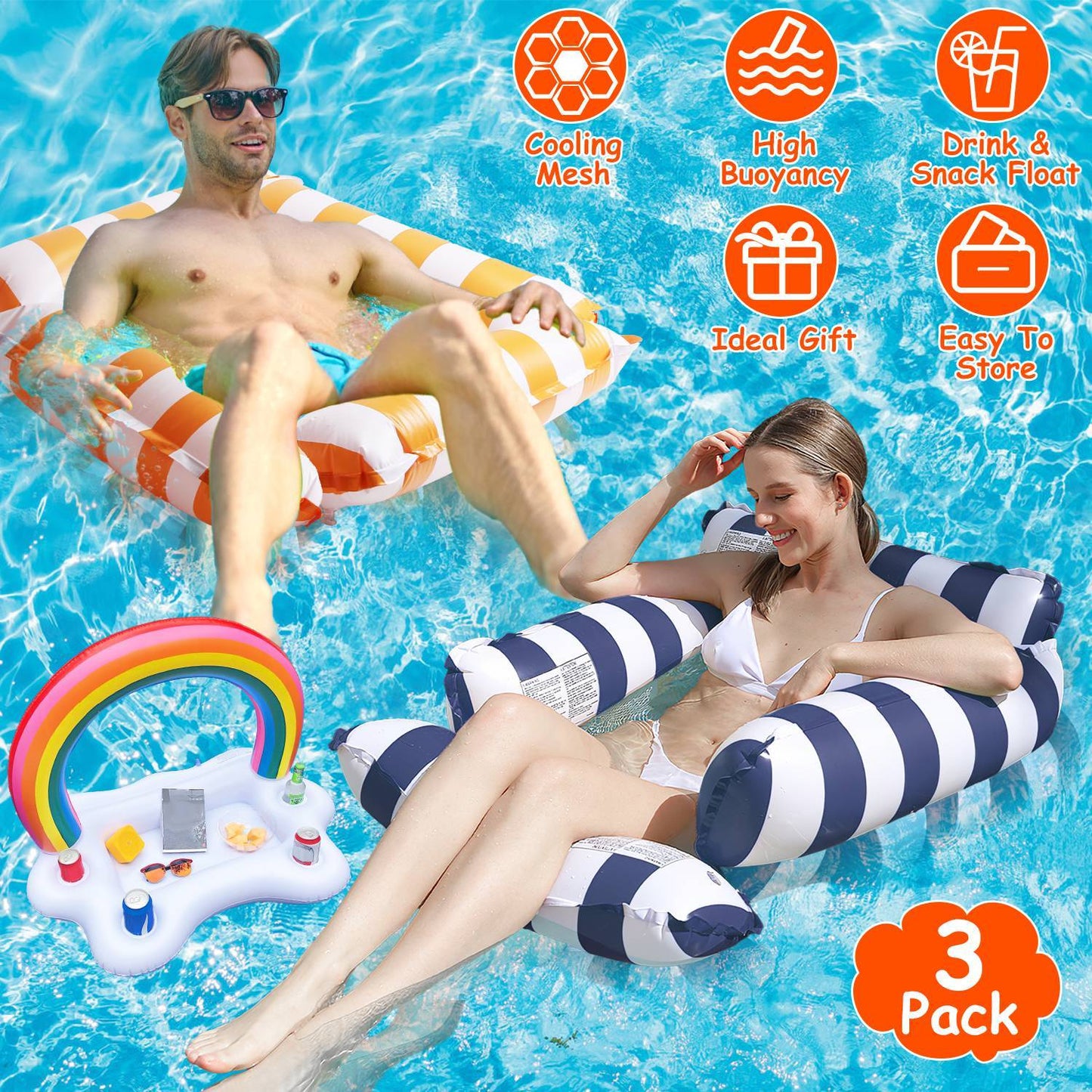 Set of 3 Inflatable Pool Floats – 1 Drink & Snack Float + 2 Water Hammocks with High Buoyancy Pillows & Cooling Mesh – Noor Mart