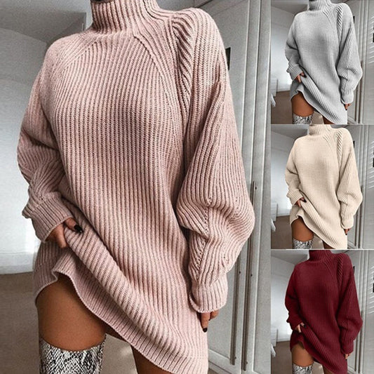 Women’s Solid Turtleneck Long Sweater Dress – Winter Warm Casual Knitted Dress – Noor Mart