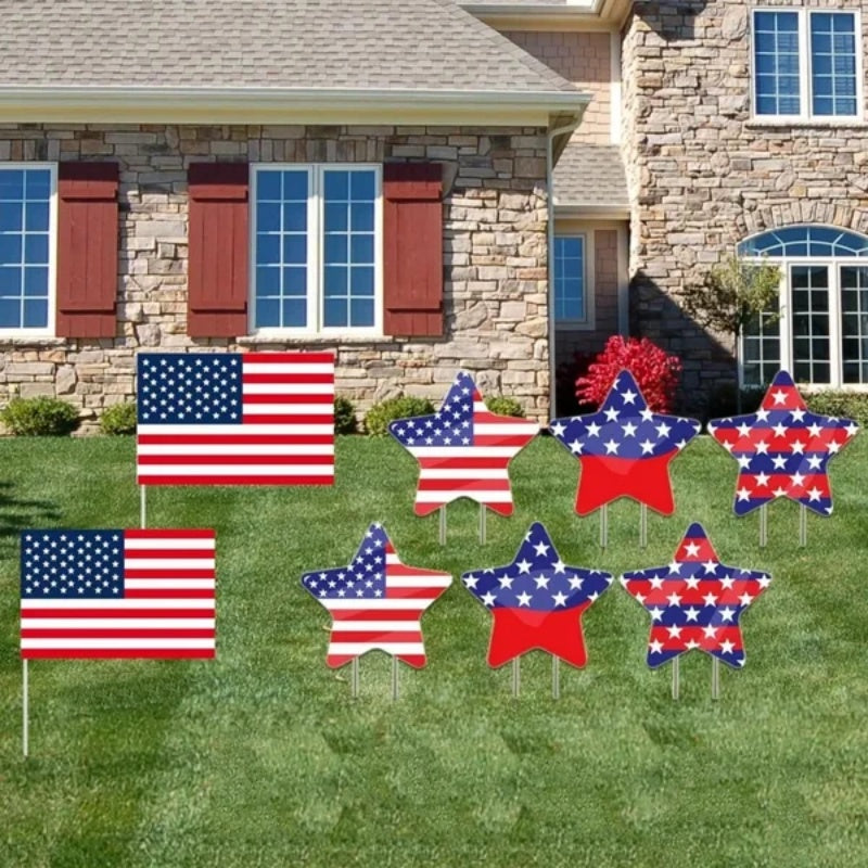 8 Pcs 4th of July Yard Signs with Stakes – USA Flag & Star Shape Lawn Decorations – Memorial Day, Independence Day Outdoor Decor – Noor Mart