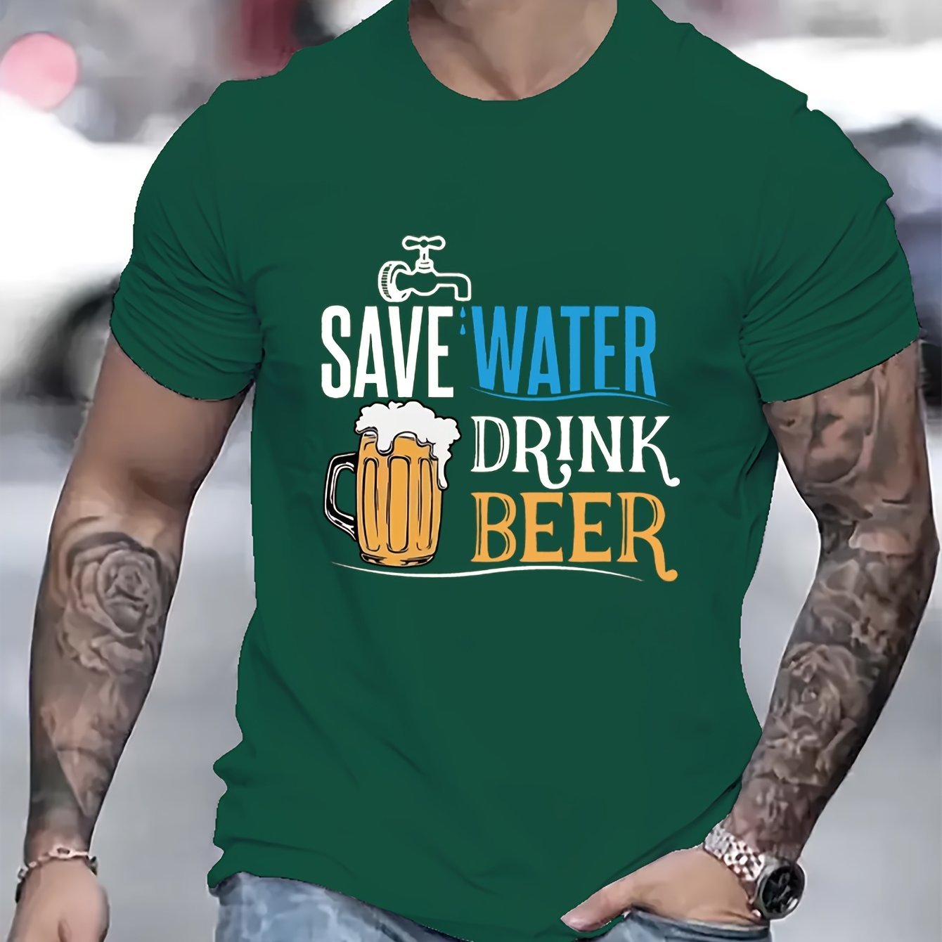 Cherish Water Resources & Drink More Beer Men's Printed Casual T-Shirt – Summer Street Style Round Neck Tee – Noor Mart