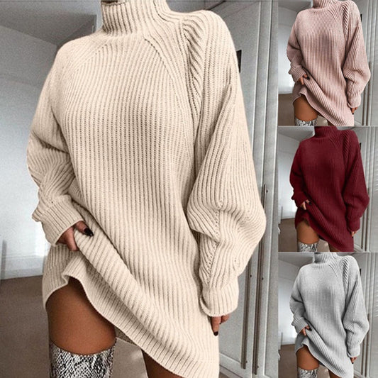 Women’s Solid Turtleneck Long Sweater Dress – Winter Warm Casual Knitted Dress – Noor Mart
