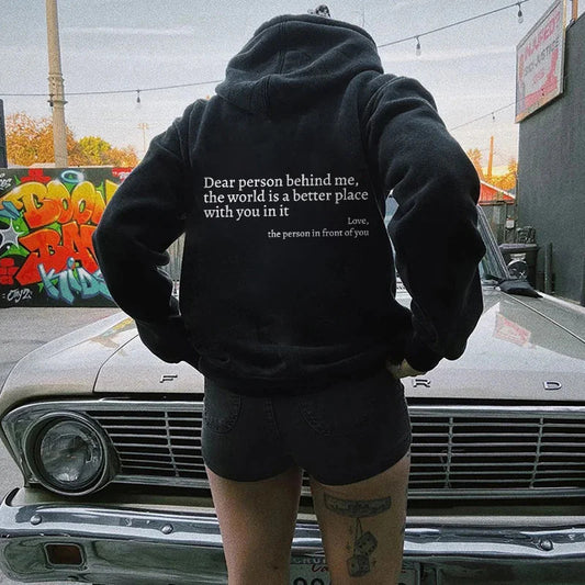 Women’s Plush Letter Printed Hoodie – “Dear Person Behind Me” Kangaroo Pocket Drawstring Sweatshirt – Unisex Trendy Hoodie – Noor Mart